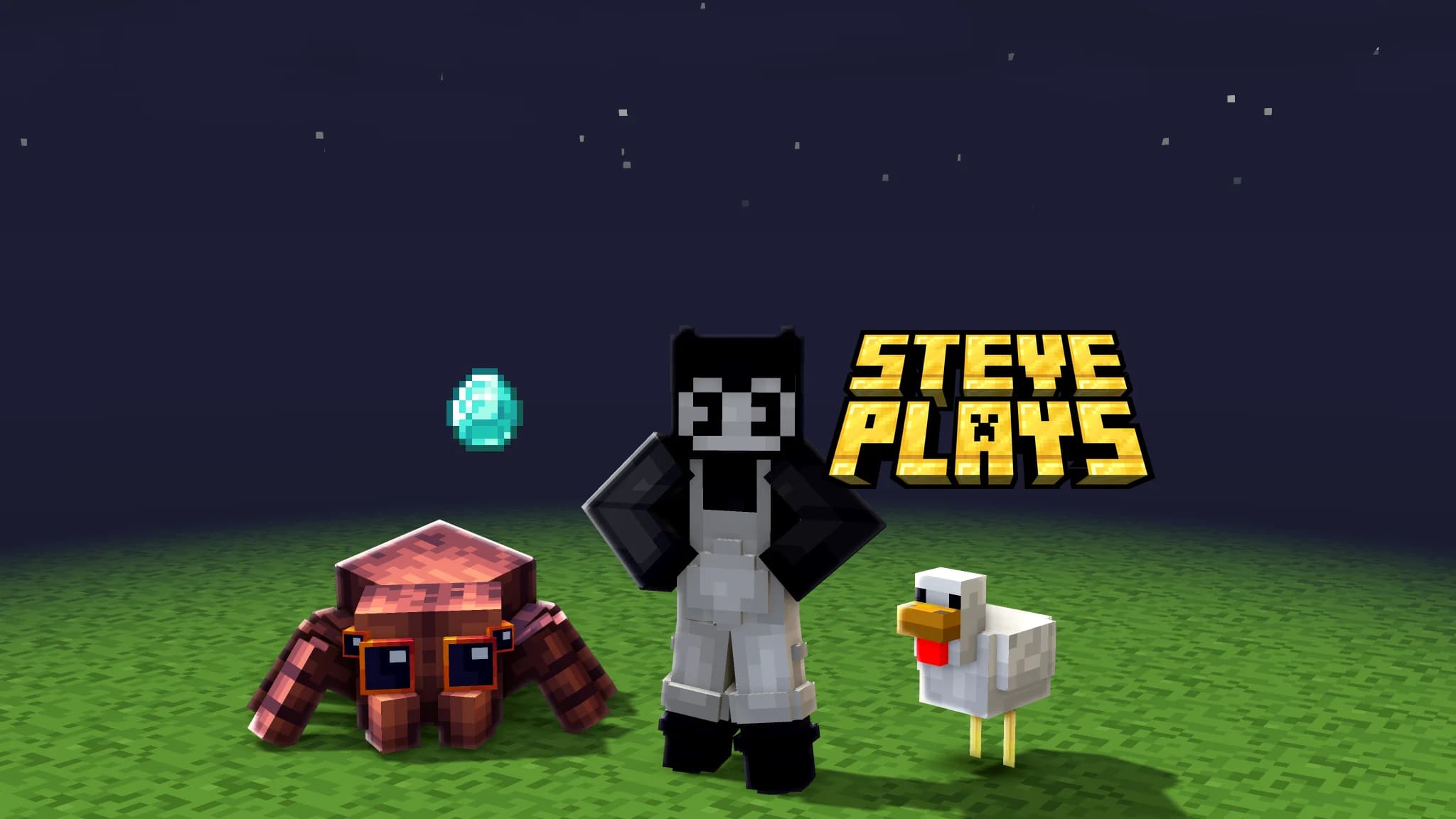 Banner de YouTube de Minecraft terminado con una skin en 3D en el centro entre una araña y una gallina, el nombre del canal en letras de bloques y un diamante