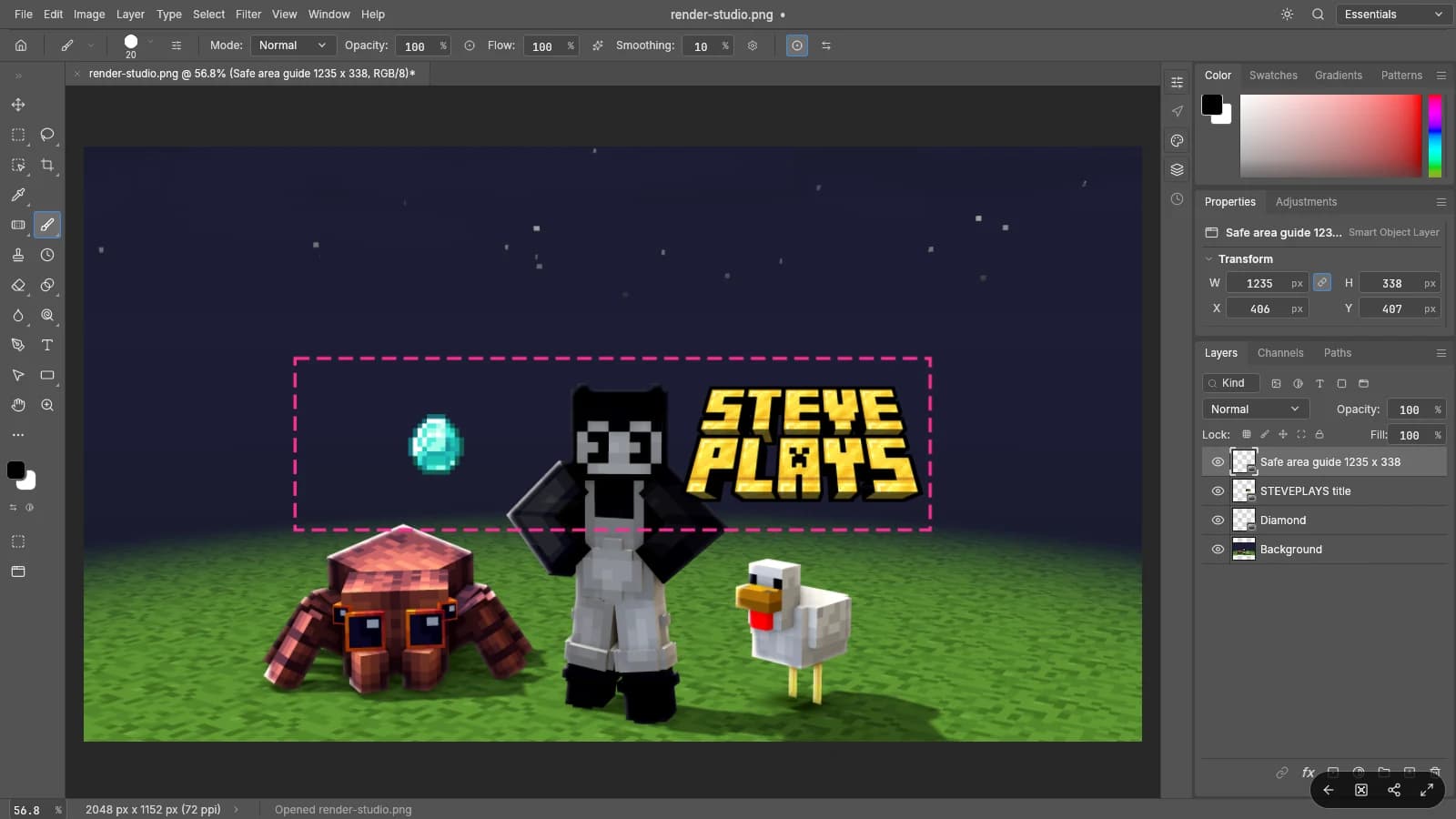 PhotoStar con un banner de YouTube de Minecraft por capas y un rectángulo central que marca la zona segura de 1235 x 338 píxeles