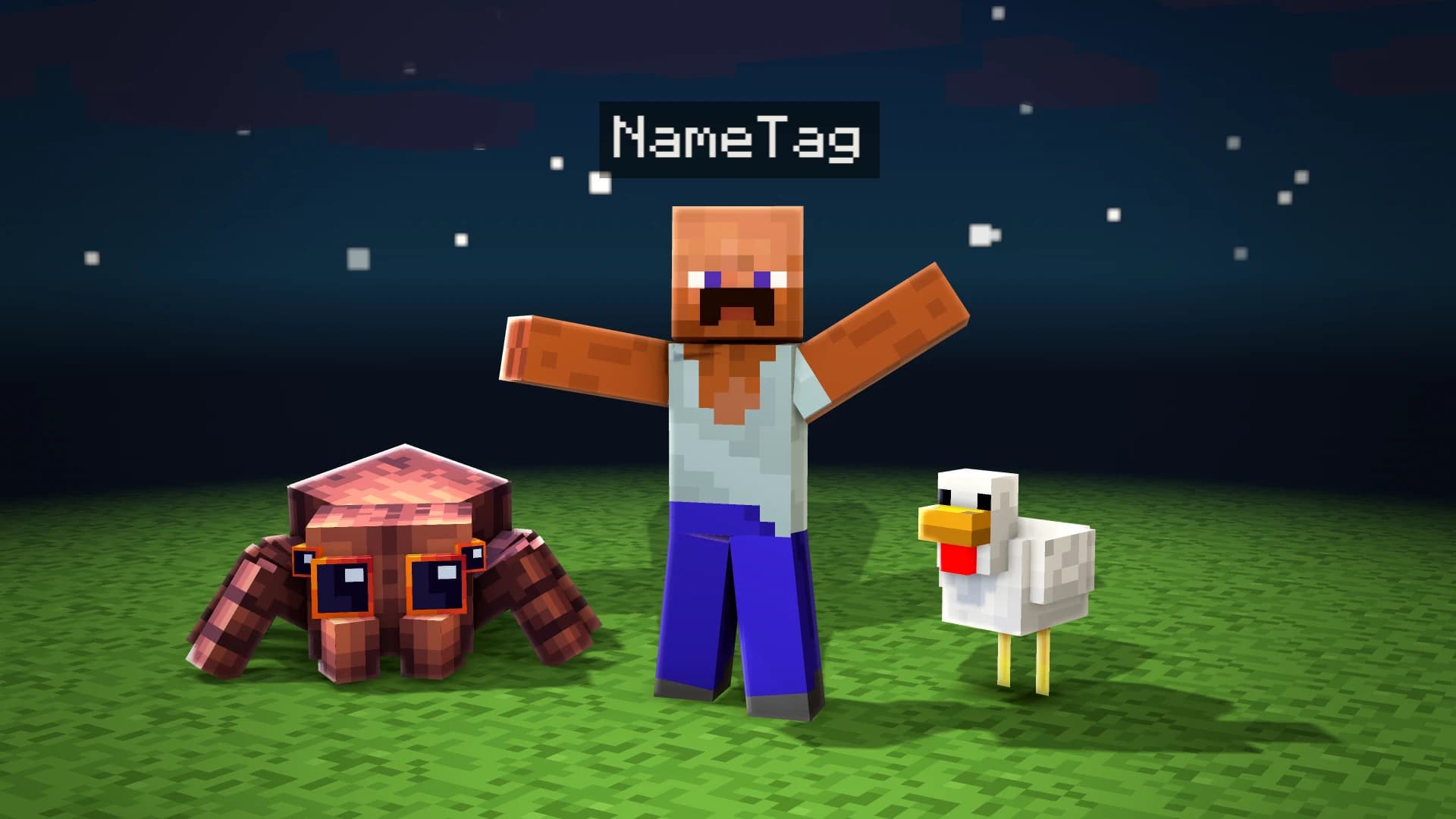 Miniatura de Minecraft hecha con el Render Studio: Steve con los brazos en alto y el nametag «NameTag» sobre la cabeza, junto a una araña y una gallina, de noche