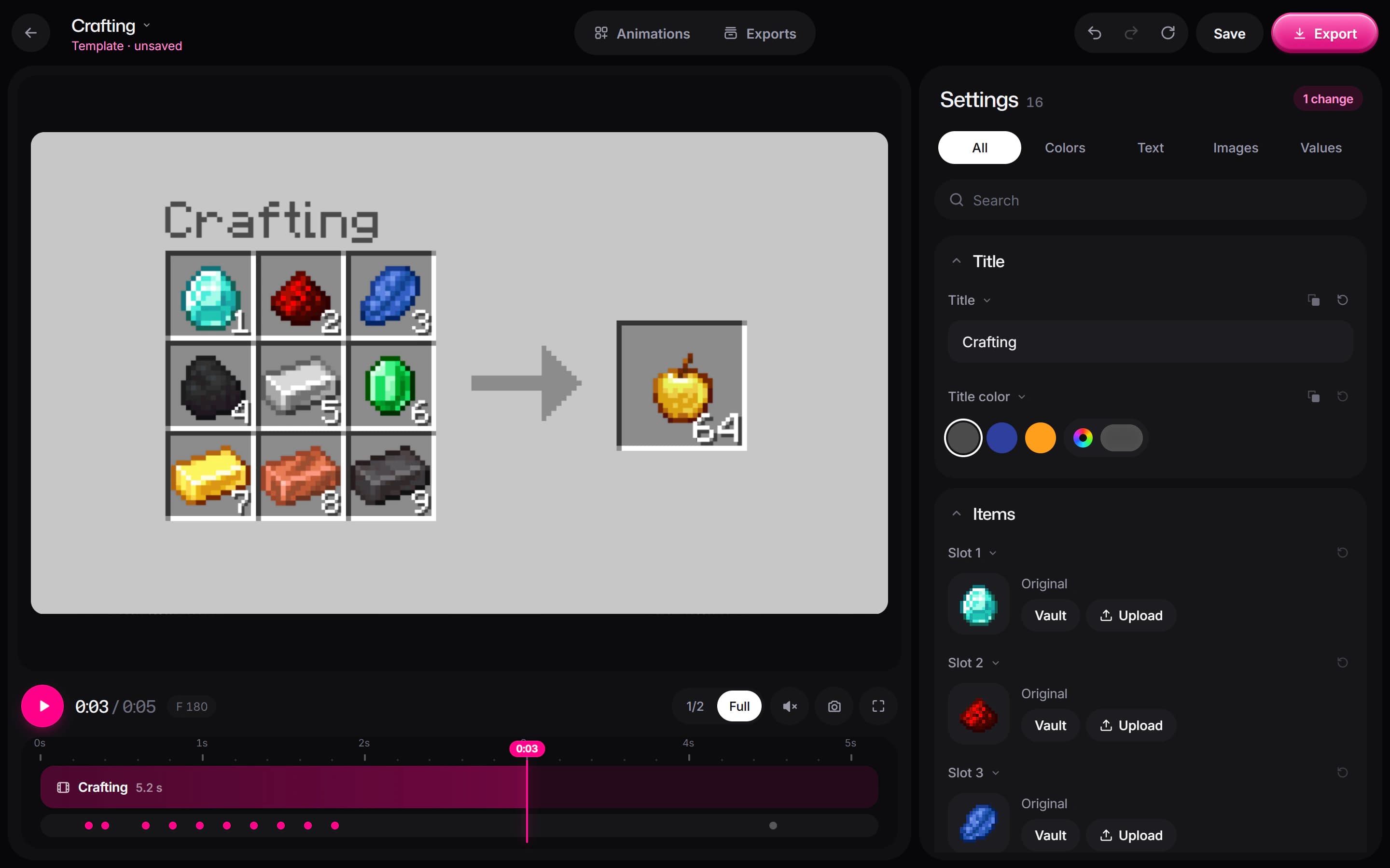 El editor del motor con la animación Crafting abierta y sus ajustes al lado