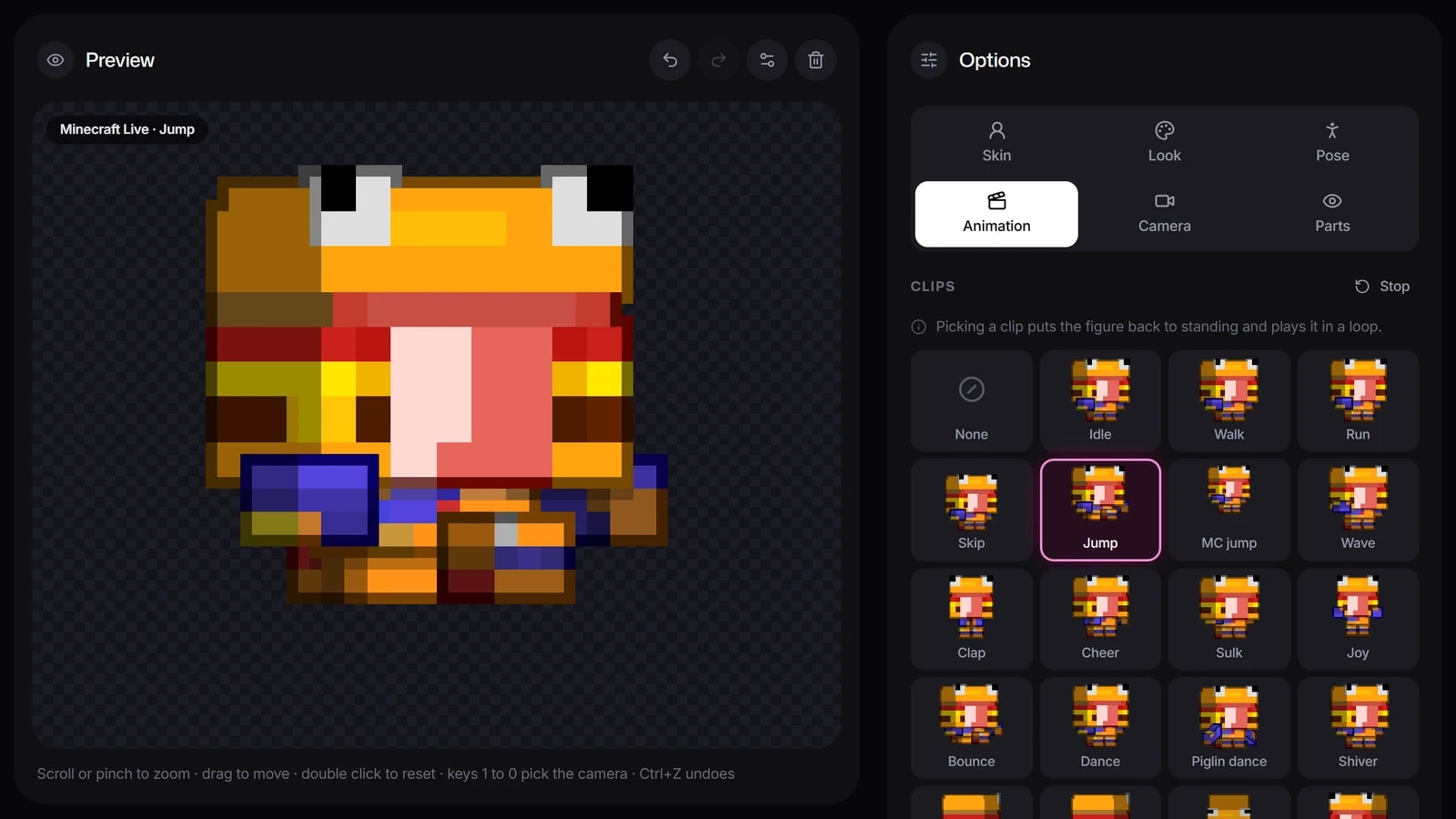 Lista de animaciones del creador de chibis con una animación elegida y el chibi en movimiento