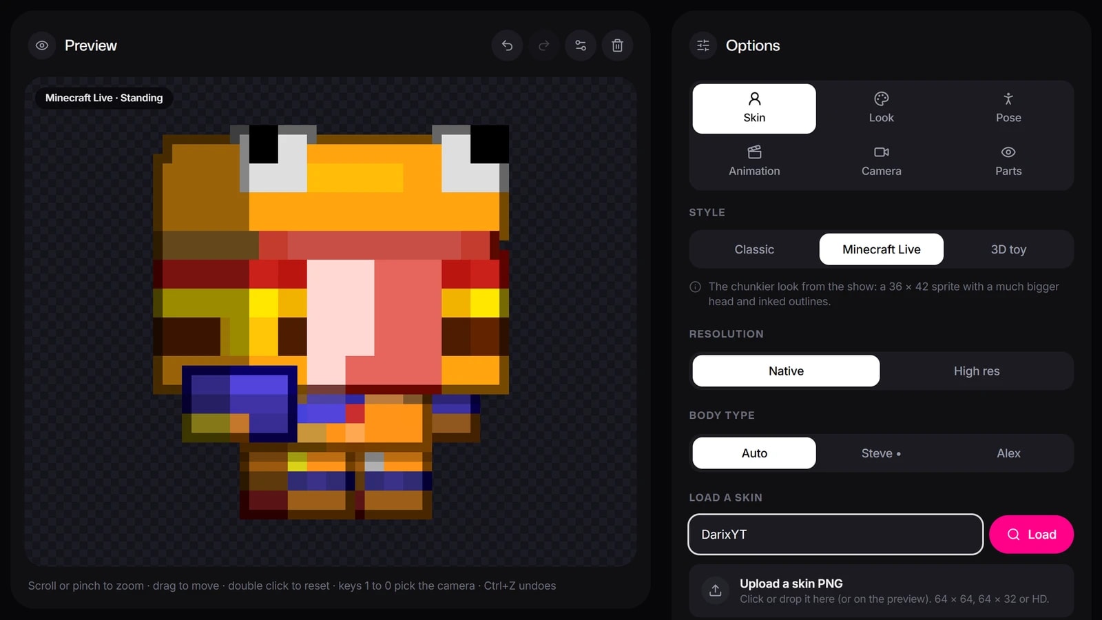 Creador de chibis de Minecraft con una skin cargada y el personaje chibi en la vista previa